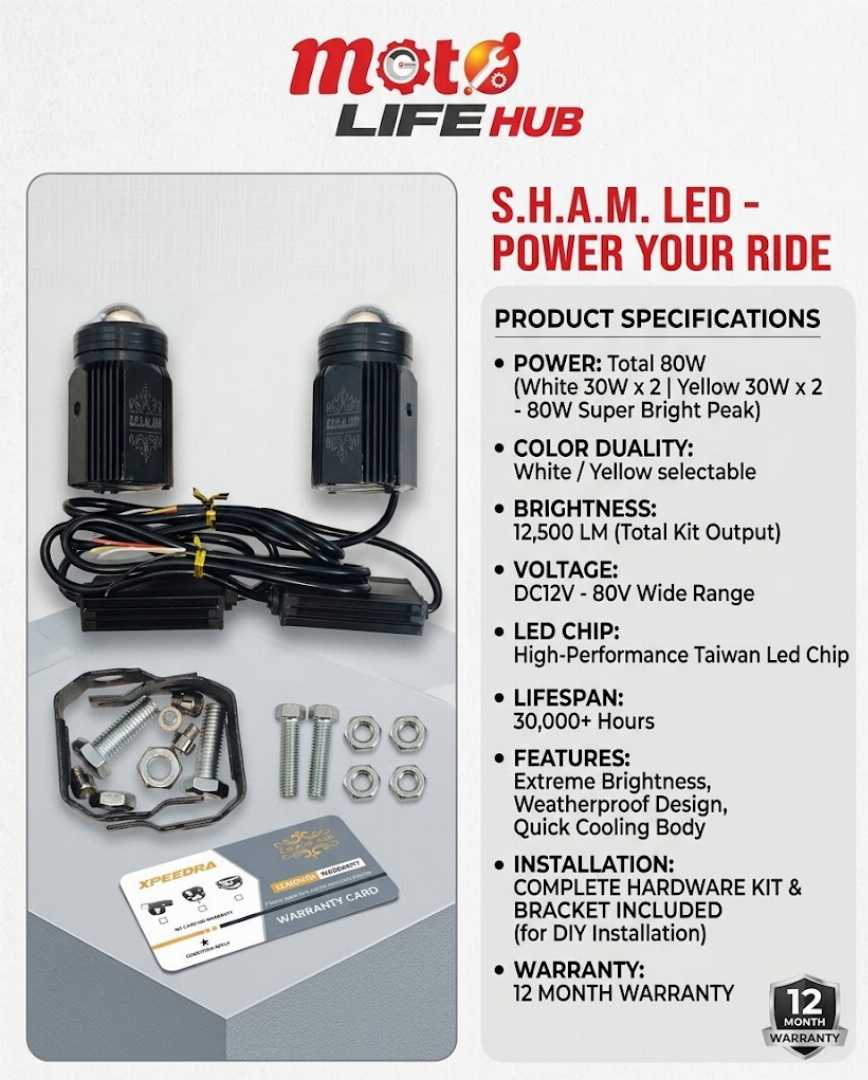 S.H.A.M.,LED,80W,Super,Bright,Bike,Fog,Light,Pair,(Yellow,&,White,Dual,Light,with,12,Month,Warranty)