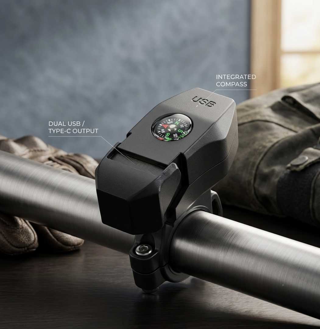 Motorcycle,Handlebar,Dual,Charger,(Type-C,+,USB),with,Compass