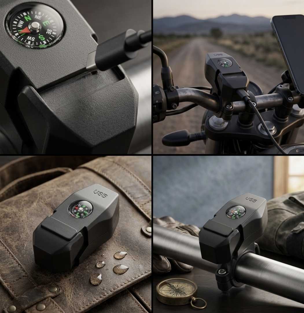 Motorcycle,Handlebar,Dual,Charger,(Type-C,+,USB),with,Compass